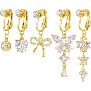 Twisina 5 PCS Fake Belly Piercing Gold Fake Belly Button Piercing Clip on Belly-Button Rings Women Gold Plated Butterfly Flow