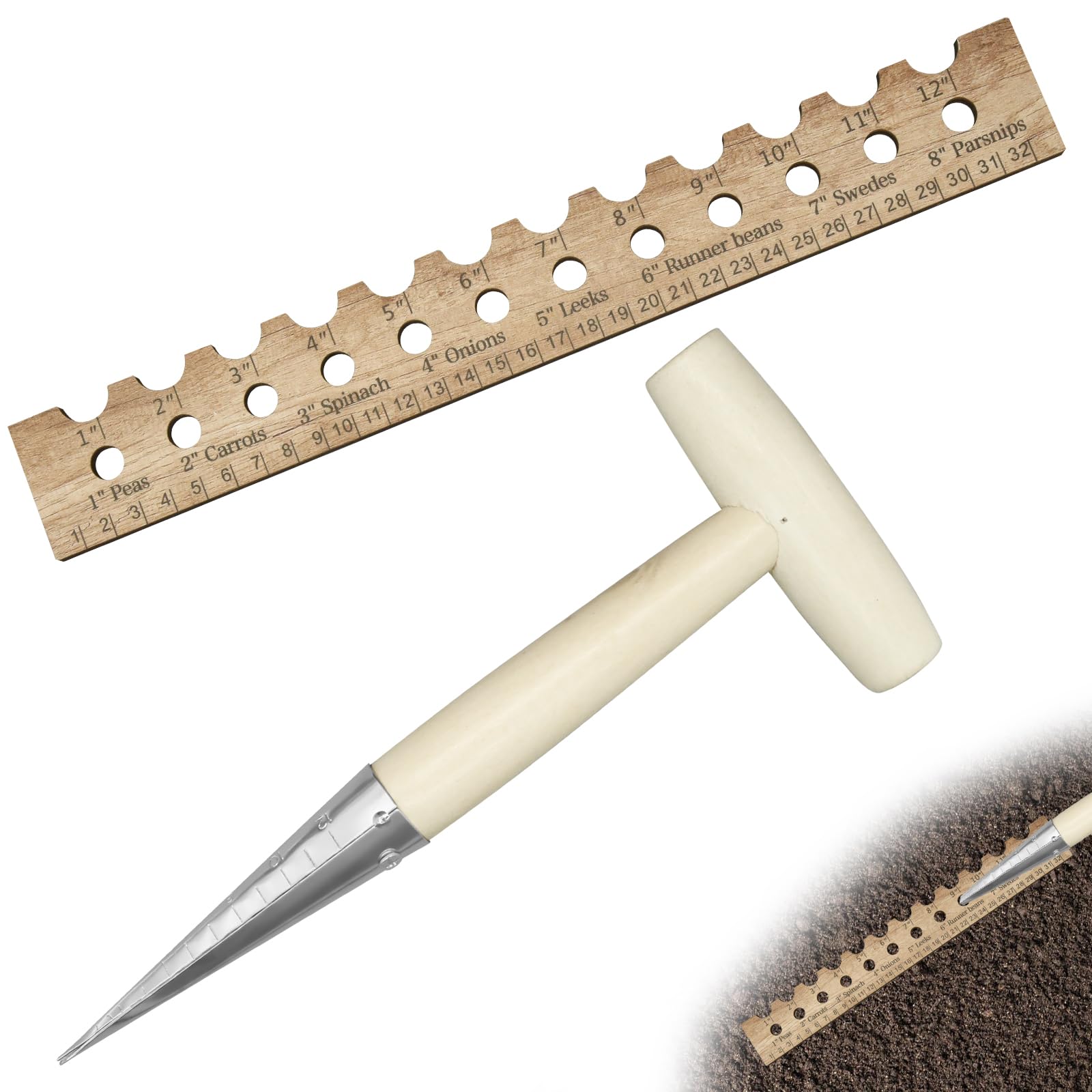 1 Set Hand Dibber Garden Tool Wooden Seed Planting Ruler with Holes, Seeds Spacing Tools for Garden
