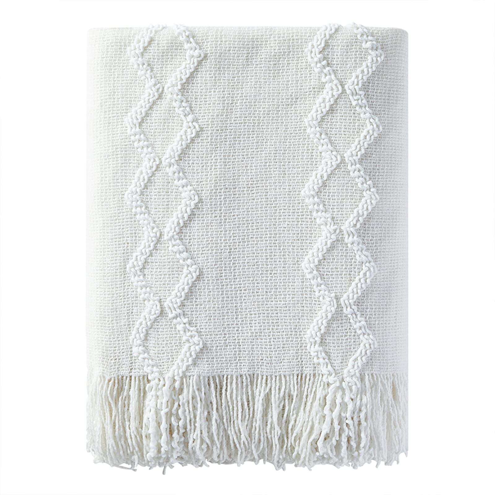 BOURINA Fluffy Chenille Knitted Fringe Throw Blanket, Lightweight Soft Cozy for Bed Sofa Chair (Cream White, 127x152cm)