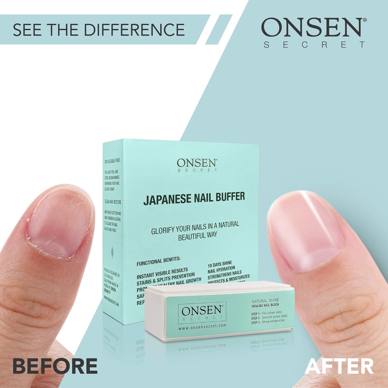 Onsen Professional Nail Files and Buffer, Ultimate Shine Nail Buffing Block With 3 Way Buffing Methods, File, Smooth & Shine, Compact Purse Size Manicure Tools for Optimum Nail Care : Onsen Buffer : Beauty