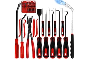 EAUKAR 17Pcs Hook and Pick Tool Set with Scraper Auto Clip Removal Plier Fastener Remover Rivets Puller Mechanic Car Trim Removal Tool Kit Gasket Telescoping Magnetic Pickup Hand Automotive Tools (Red)