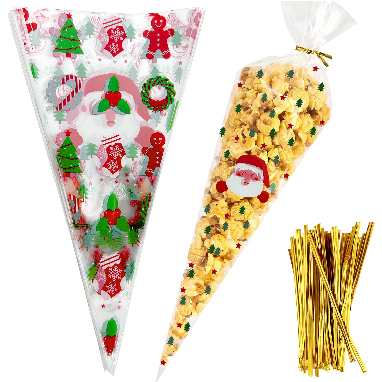 100Pcs Christmas Sweet Cone Bags and Ties 16 x 30 cm - Cellophane Clear Bags With Ties for Candy, Cookie, Baking, Displaying and Wrapping - Party Cones