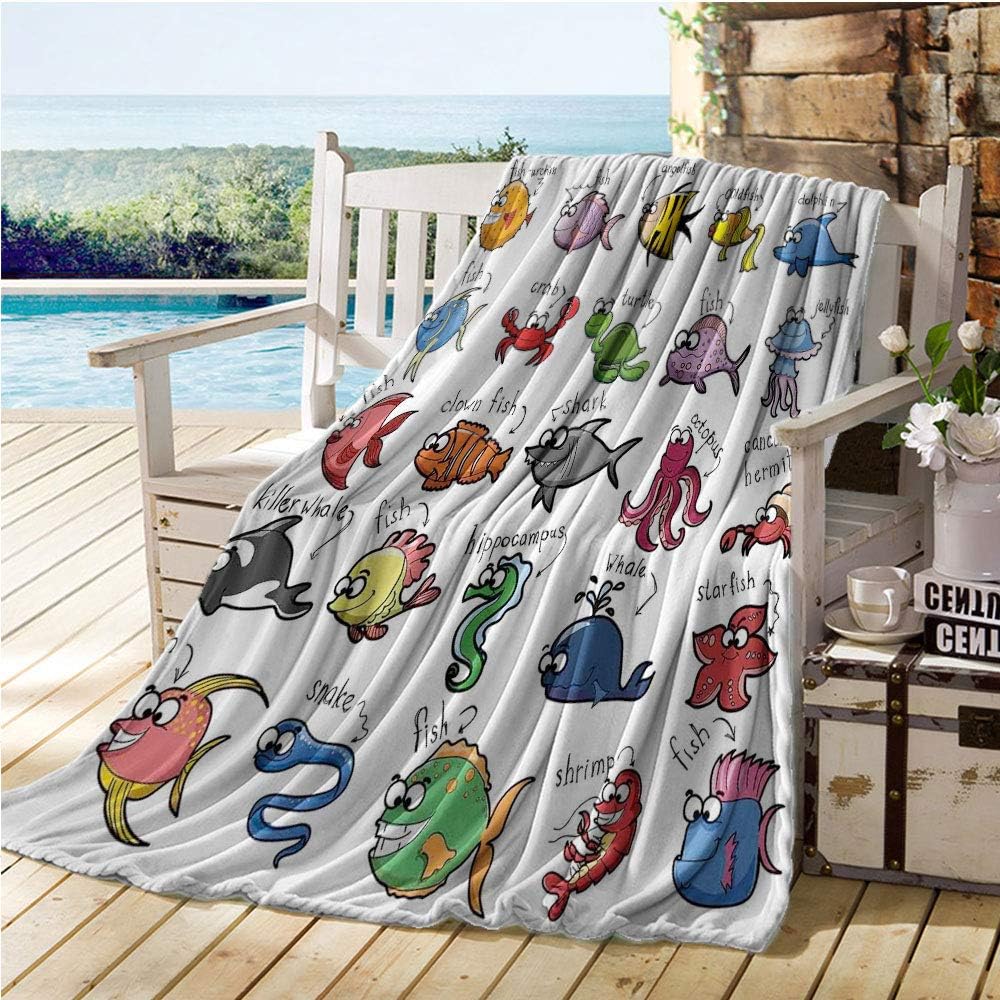 Nautical Decor for Kids, Custom Design Cozy Flannel Blanket, Aquarium Cartoon Octopus Dolphin Shark Whale Clown Fish Jellyfish Crab Marine, Oversized Travel Throw Cover Blanket 80x60 Inch