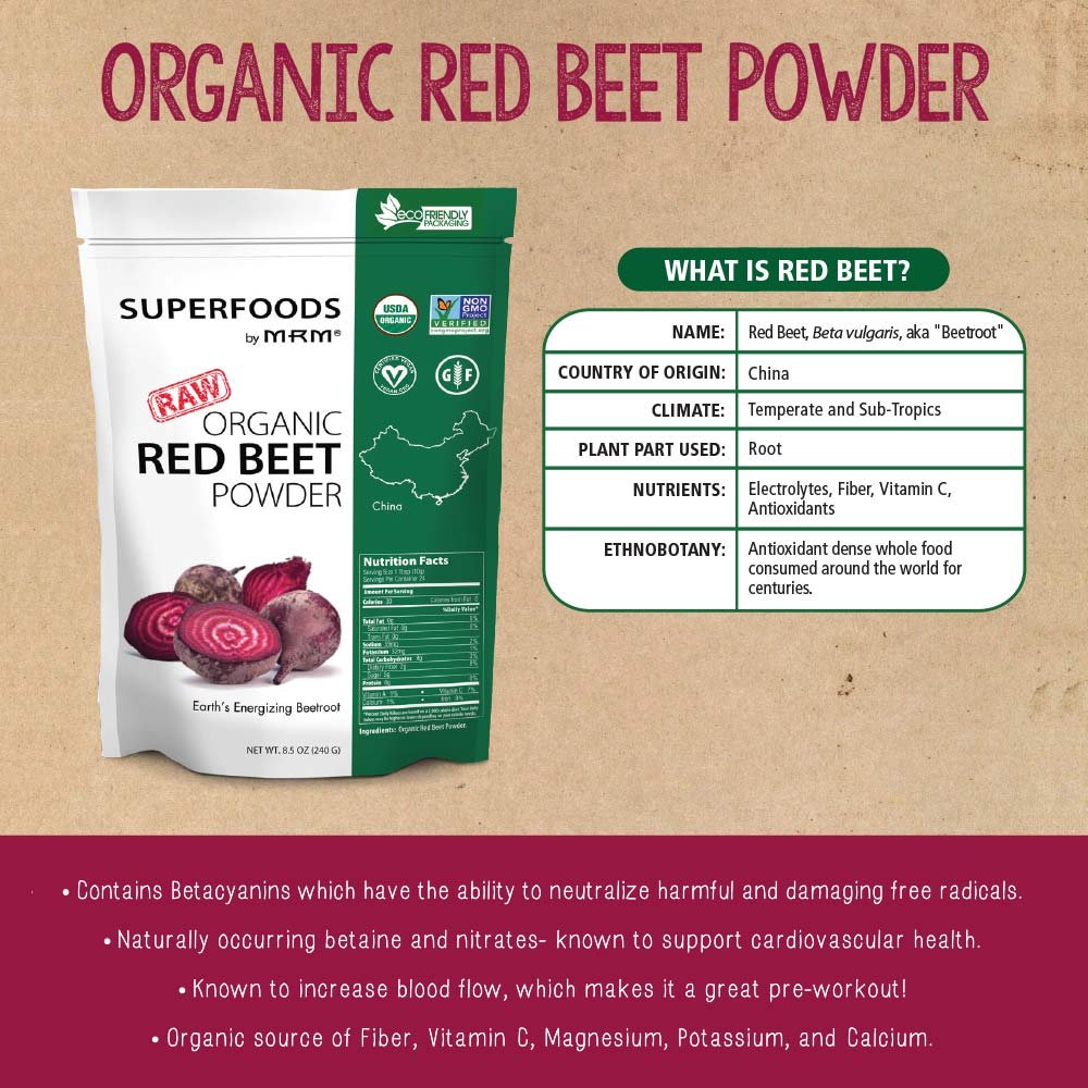 MRM RAW USDA Organic Red Beet Powder Superfood, Certified Vegan and