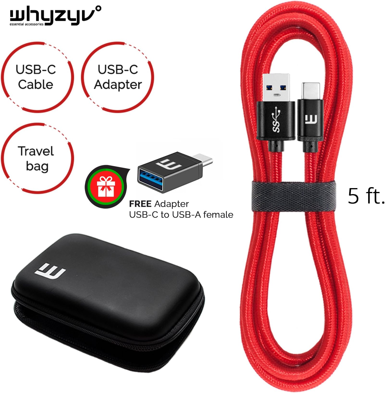 USB Type C Cable, Whyzyv USB C to USB 3.0 Fast Charging Cord 5ft + USB-C Adapter. USB Travel Pack for Samsung Galaxy S8 Note 8, LG G6, Nintendo Switch, MacBook Pro, Nexus & All Type-C Devices (red)