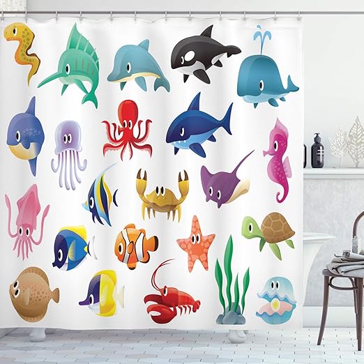 Amazon Com Ambesonne Whale Shower Curtain Variety Of Marine Organisms Stingray Squid Sea Star Seahorse Sailfish Lobster Artwork Cloth Fabric Bathroom Decor Set With Hooks 70 Long White Multicolor Home Kitchen