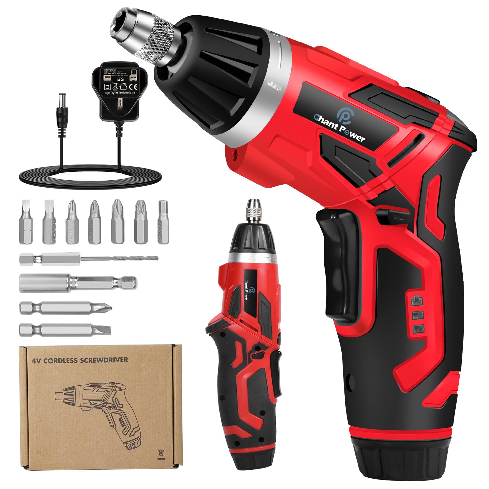 C P CHANTPOWER Cordless Electric Screwdriver Set, 6 +1 Torque Setting Rechargeable 4V Small Screwdriver with 11 Accessories, Flashlight and Charger Red