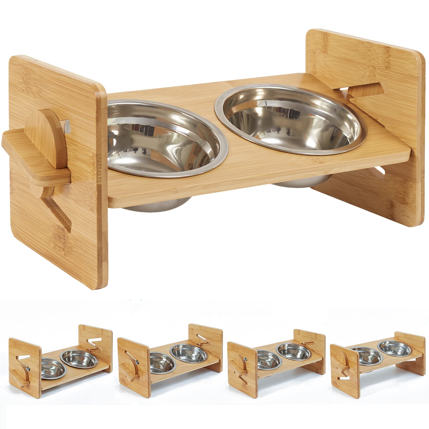 Dog Raised Food Bowl Stand: Height Adjustable Bamboo Elevated Cat Feeder with 2 Stainless Bowls for Small Puppies Pets