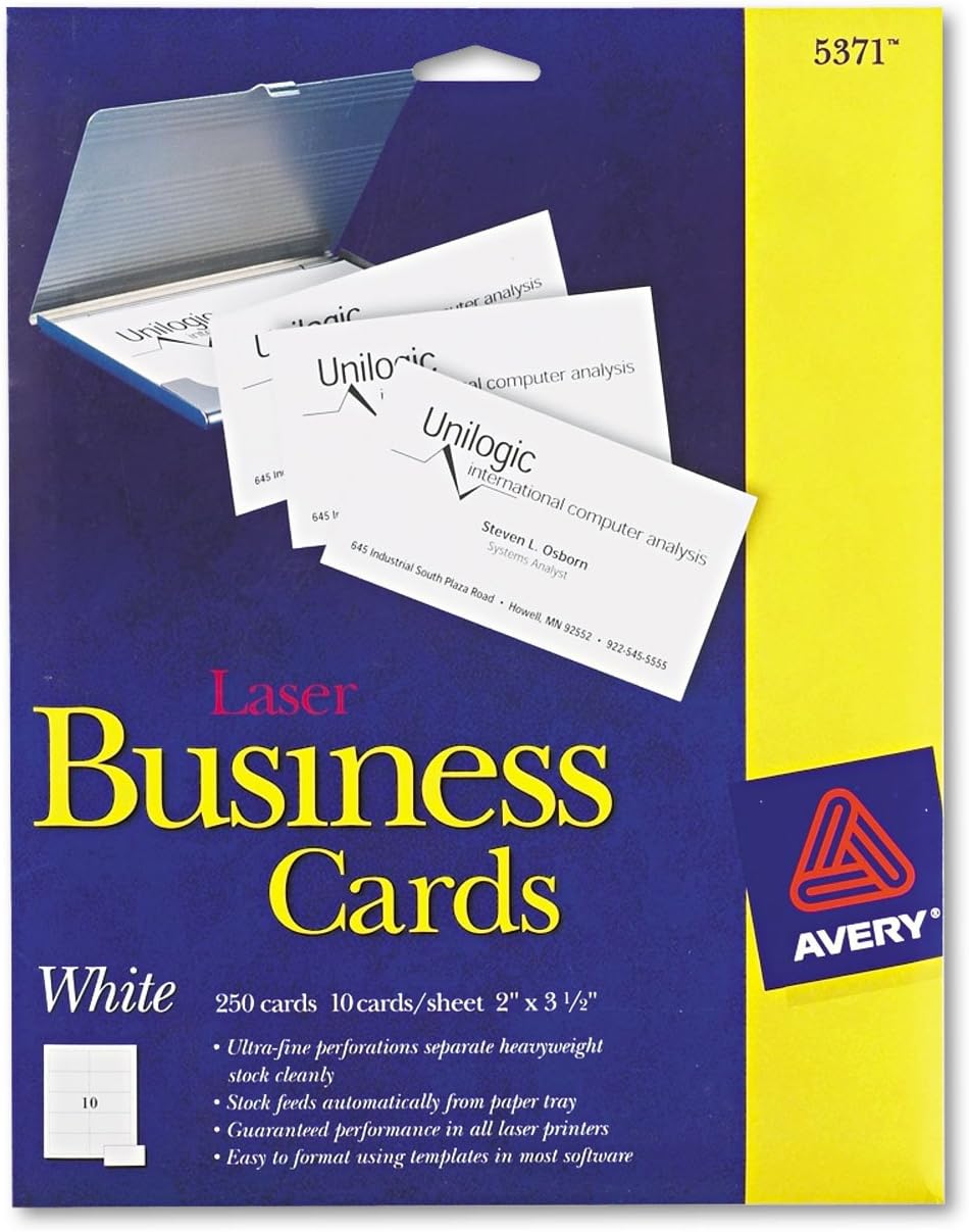 Avery 5371 Laser Business Cards2 x 3 1/2 White10 Cards/Sheet 250