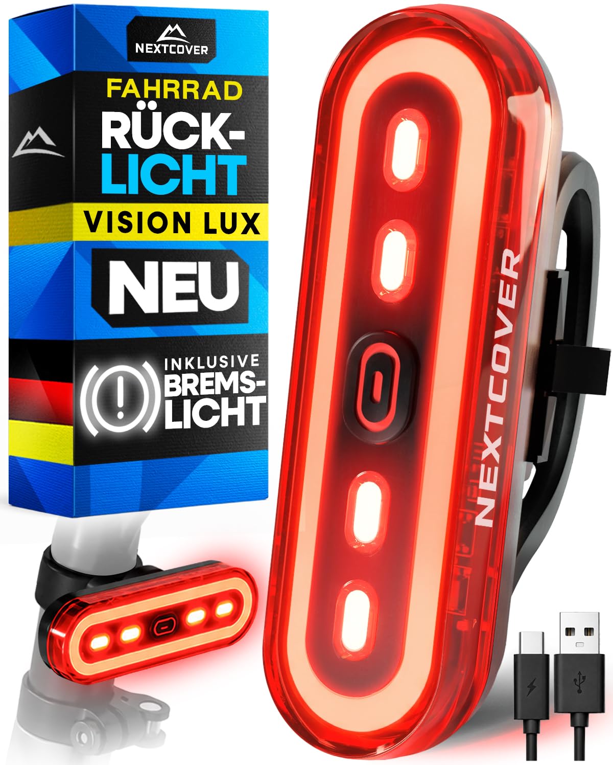 NEXTCOVER® Rücklicht Fahrrad mit [VisionLux] LEDs und Bremslicht I StVZO zugelassen I LED Fahrradrücklicht mit 8 Stunden Akku I Fahrradlicht hinten für Rennrad, E-Bike, Rücklicht