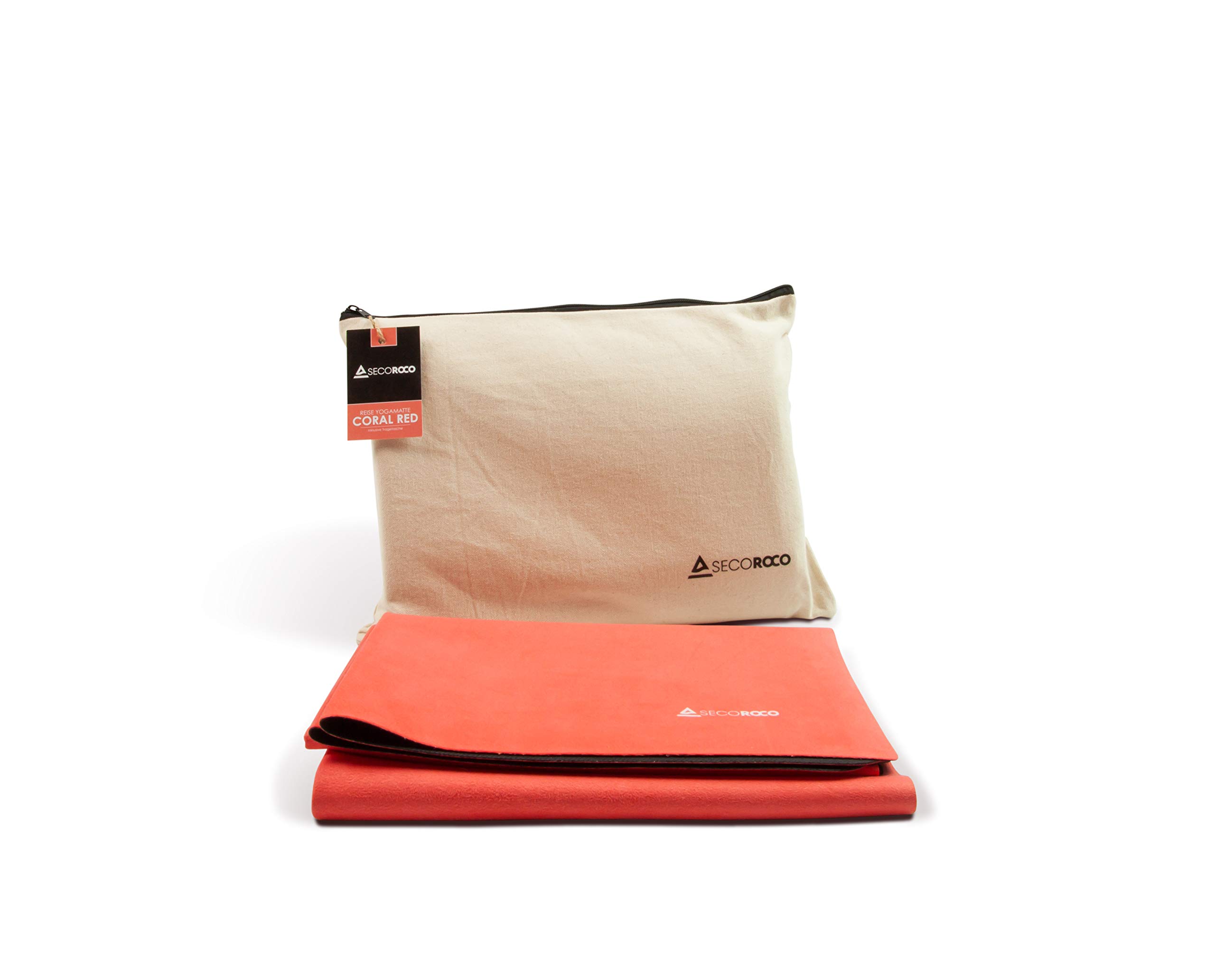 Secoroco Coral Red Travel Yoga Mat - Non-Slip Natural Rubber - Eco-Friendly & Sustainable - 173 x 61 cm - 1 mm Thick - Includes Canvas Carry Bag