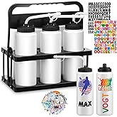 Suclain 7 Pcs Hockey Water Bottles Set, 33 Oz Team Sports Water Bottles and Carriers with Long Straw Stickers Squeeze Wide Mouth Plastic for Football Fitness Bike Gym Camping (White)