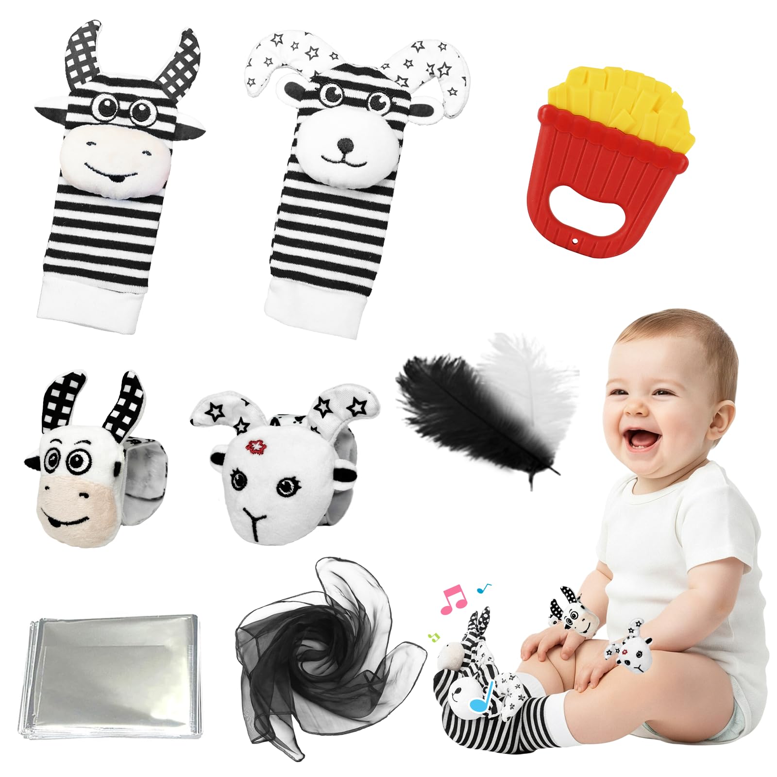9 Pcs Baby Sensory Toy Set Sensory Foil Blanket Baby Wrist Rattles Rattle Socks Sensory Scarf Feathers for Babies, Newborn Sensory Toy Scarf Feathers for 0 3 6 9 12 Months Early Learning Autism ADHD