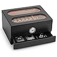 COOL KNIGHT Cigar Humidor with Front Hygrometer, Humidifier and Accessory Drawers-Tempered Glass Top Cigar Humidor Box - Spanish Cedar Humidor-Desktop Humidor That can Hold 20-35 Cigars.(Black)