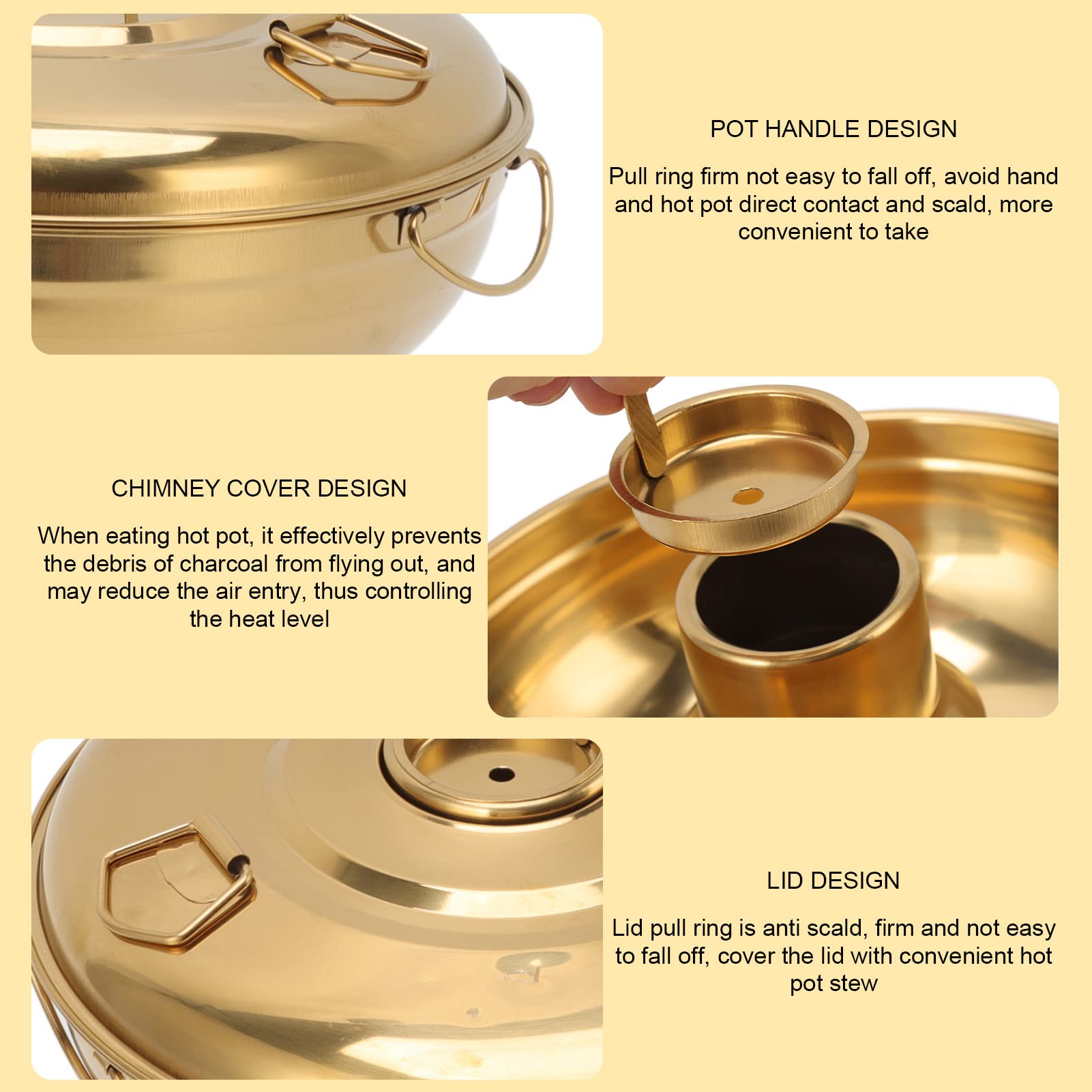 Old Beijing Chinese Copper, Stainless Steel Dry Ice Chinese Charcoal Hotpot, Round Shabu Shabu Pot, for Milk Tea Outdoor Cooker Buffets Weddings Parties (Gold)
