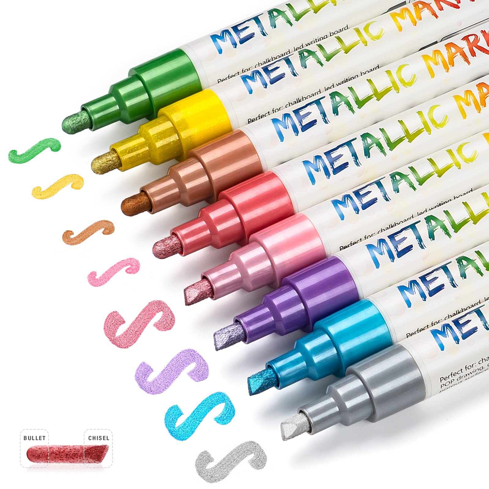 IJIANG Metallic Chalk Markers, 8 Colors, 6mm Reversible Bullet & Chisel Tip, Erasable for Chalkboard, Blackboard, Whiteboard, Glass