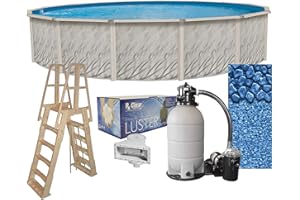 LAKE EFFECT POOLS Lake Effect Meadows 24' Round above Ground Swimming Pool Complete Bundle Kit | 52" Height | Boulder Swirl Pattern Overlap Pool Liner | A Frame Ladder System | Sand Filter System with Pump | Skimmer