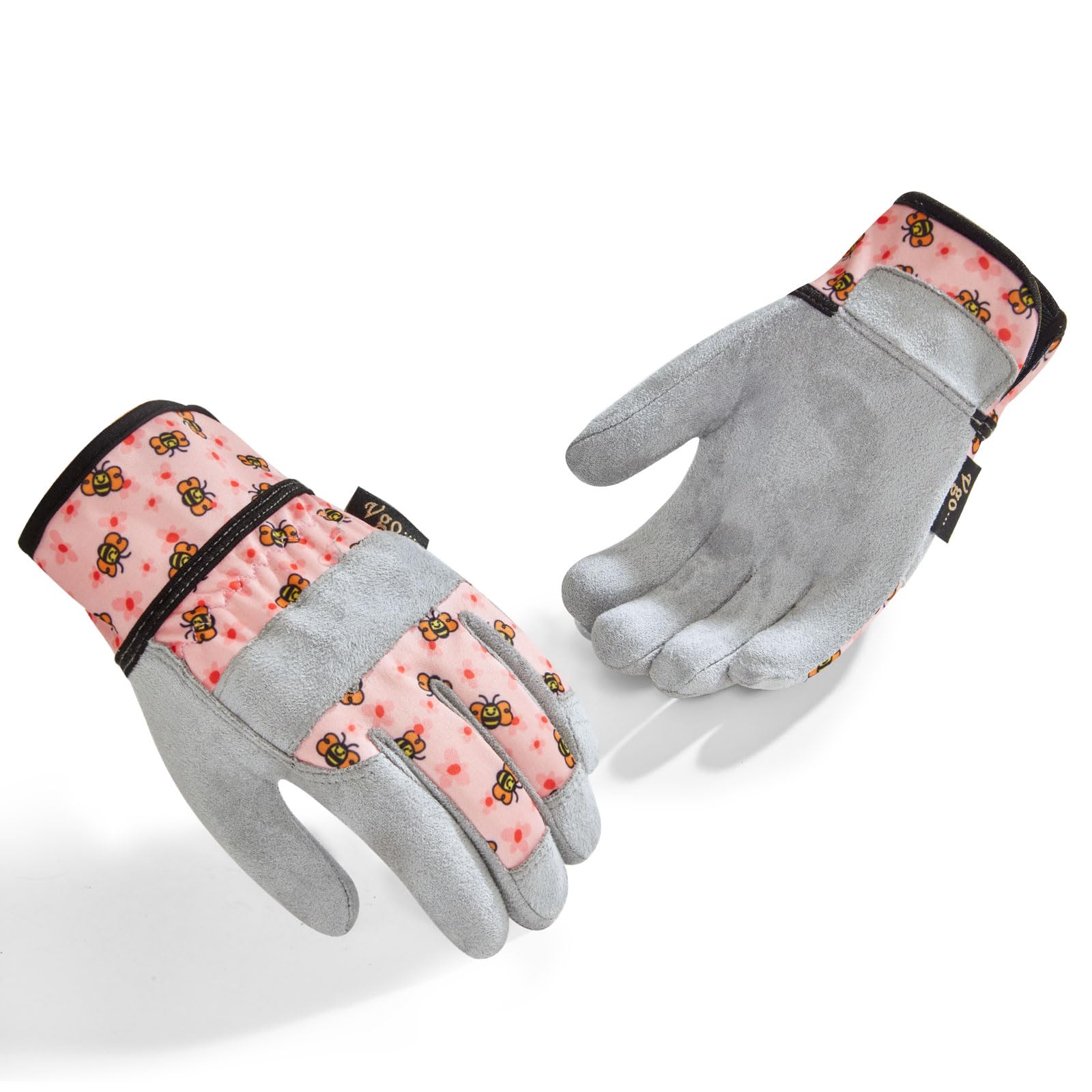 Vgo... Kids Garden Gloves in Leather Palm No-slip, Children Toddler Work Gloves for Gardening Yard Paly Outdoor Gift Boys&Girls, 1 pair