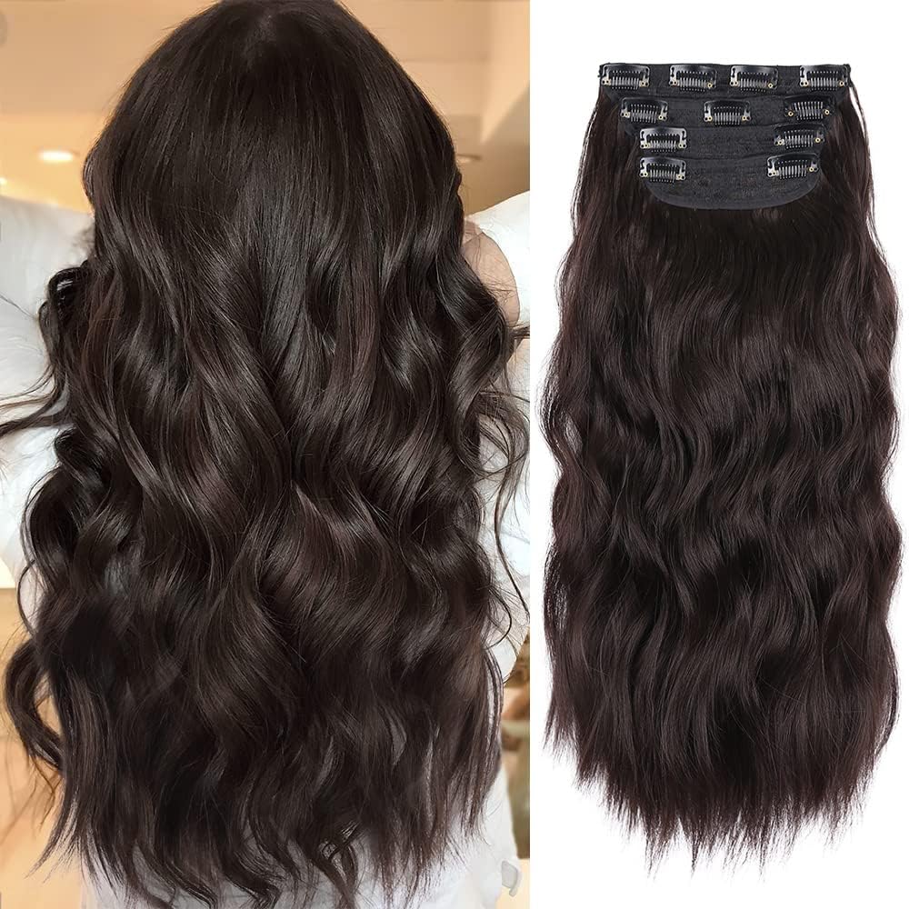 AliLeader 20in Dark Brown Clip In Hair Extensions 4pcs Synthetic Curly