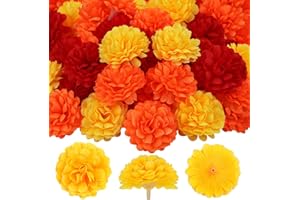 M&C MUSIC COLOR Marigold Flowers Heads Bulk, 40Pcs Silk Marigold Flowers Artificial for Decoration DIY Wreath Garland Craft Wedding Party Baby Shower Decoration Halloween Christmas (Mix Colors)