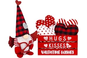 CRCZK Valentine's Day Decorations Wooden Crate with 1 Gnome Plush 4 Cotton Love 1 Pack Laffia Farmhouse Table Decor for Home Kitchen Tiered Tray Mantle Shelf Desk Decor