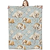 VODRM English Bulldog Blanket,50x60in,Cute Dog and Blue Floral Throw Blankets,Birthday Gifts for Kids Adult & Pet Lovers, Lightweight Soft Fleece Cozy,for Sofa Couch Bed Room Modern Decor