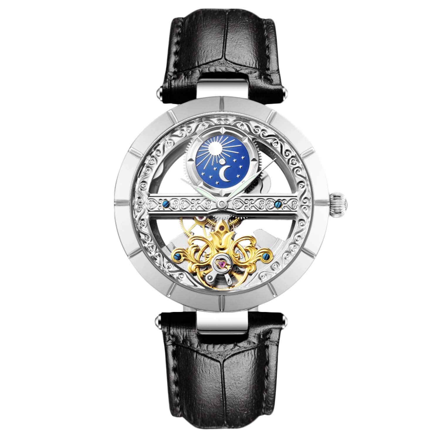 RORIOS Women's Automatic Mechanical Watch Genuine Leather Strap Automatic Winder Ladies Watches, Black B, Lanyard