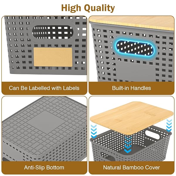 STACKABLE STORAGE BASKET: PLASTIC BASKETS BINS, BASKETS FOR ORGANIZING, PANTRY DECORATIVE CONTAINERS FOR CLOSETS, CABINETS, SHELVES(8 PACK, GREY)