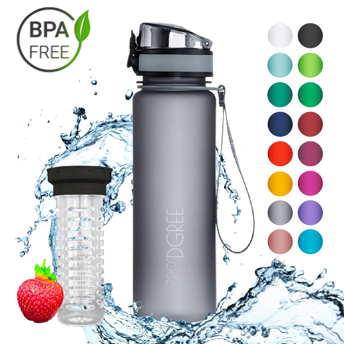 Water Bottle "uberBottle" - 17 22, 34oz, 500ml, 650ml, 1 liter | Leak-Proof Sports Bottles | School, Fitness, Outdoor, Bike, Gym, Kids | With Fruit Filter - BPA Free Tritan | Simple 1-Click Opening