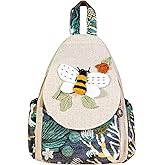 HUANGGUOSHU Boho and Bohemian Small Canvas Backpack Purse for Women - Adjustable Carry Sling Bag, Embroidered and Woven Tapestry Patterns Bee