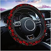 Swono Rose Red Steering Wheel Covers 15" Inch Vintage Red Roses and Green Leaves Universal Fit Most Car Sedans SUVs Comfort Grip Comfortable Neoprene Breathable Steering Wheel Protector