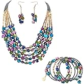 Firstmeet Bohemian Layered Shell Beaded Necklace With Earrings Seed Bead Irregular Costume Jewelry for Women