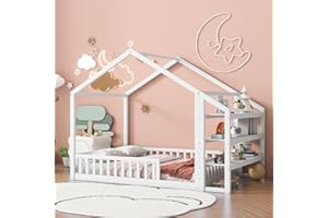 Aoowow Full Size Floor Bed Full House Bed Frame with Storage Shelves, Wooden Montessori Floor Bed Kids Playhouse with Fence for Boys Girls for Bedroom,Full-White