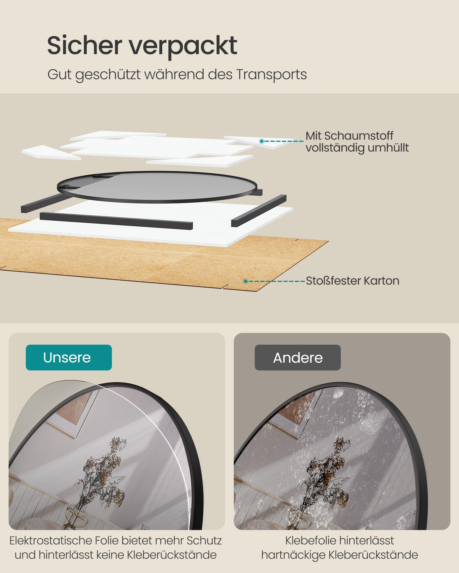 SONGMICS 105 cm d Spiegel rund, runder Spiegel, Wandspiegel, Metallrahmen, einfache Montage, modern, für Bad, Wohnzimmer, Schlafzimmer, Flur, Eingangsbereich, tintenschwarz LWM106BD01 6
