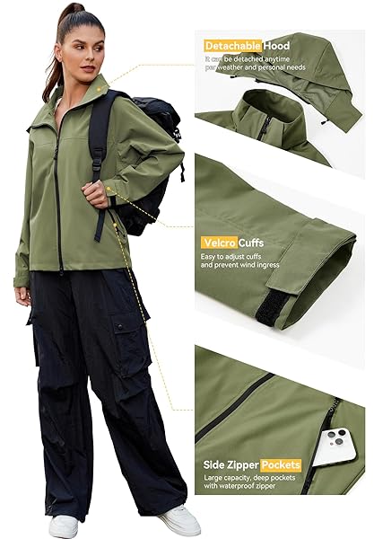 ZANDO WATERPROOF WOMEN’S RAIN JACKETS LIGHTWEIGHT RAIN JACKET WITH HOOD WATERPROOF RAINCOAT FOR WOMEN RAINCOATS FOR WOMEN LOOSE WINDBREAKER JACKET HIKING ARMY GREEN L