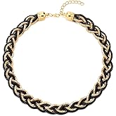 COOLSTEELANDBEYOND Statement Necklace, Braided Hollow Box Chain Cable Bib Choker Collar, Dress Prom