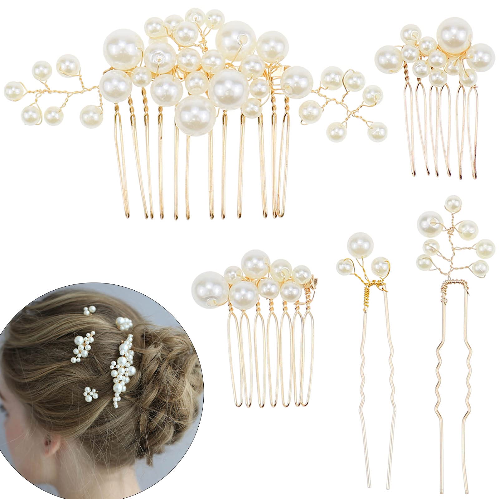 5 Pcs Bridal Pearl Hair Comb Hairpin Handmade Pearl Hair Slides Rhinestone Bridal Headpiece Hair Accessories for Women
