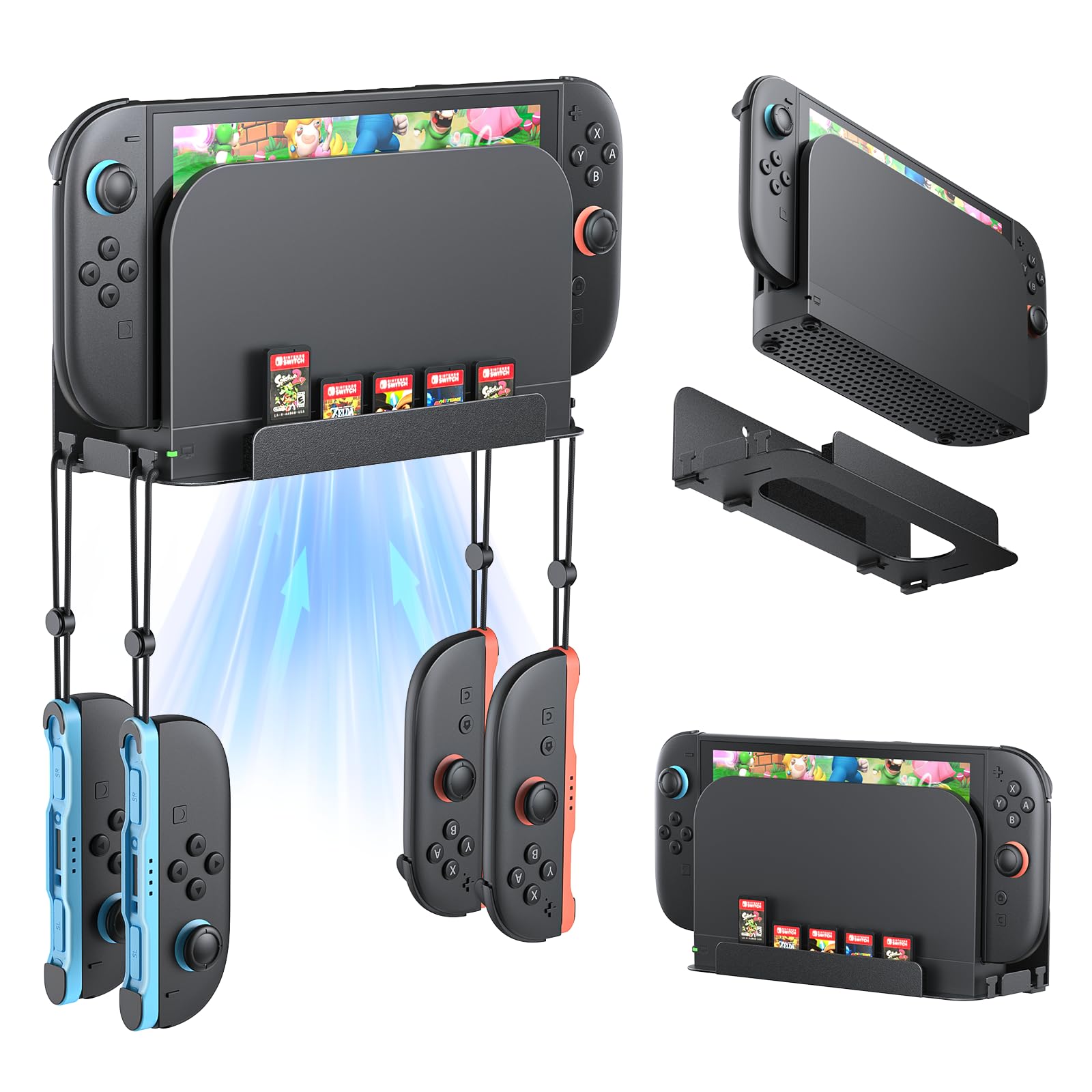 FASTSNAIL [Switch 1/2 Compatible Wall Mount for Nintendo Switch 2, Organizer for Switch 2025, Shelf Base Kit Behind TV, Accessories with 4 Joypad Hooks and 5 Card Slots