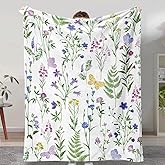Wildflowers Throw Blanket Botanical Floral Throw Blanket Colorful Butterfly Printed Blanket Flowers Decorative Soft Warm Cozy Flannel Throw Blankets for Bedding Sofa 50"x60"