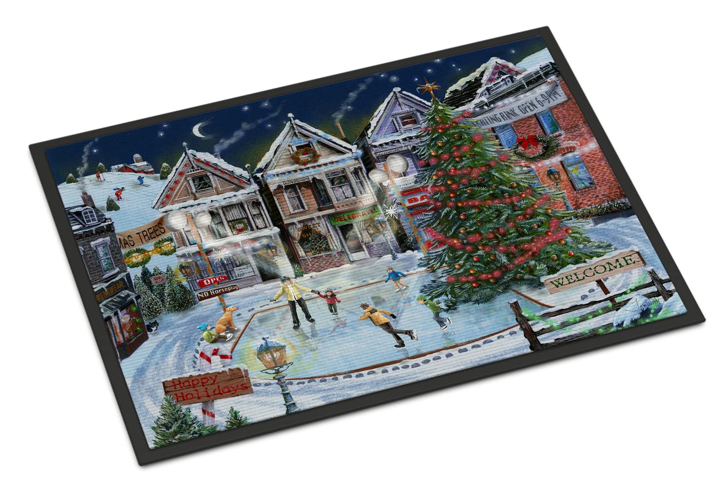 Caroline's Treasures PTW2005MAT Christmas Family Skate Night Door Mat 18 x 27 Inch Indoor Outdoor Non Slip Washable Low Pile 18" H x 27" W