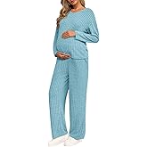 Yousify Womens Maternity Pajamas Sets 2 Piece Outfits Ribbed V Neck Long Sleeve Knit Tops Pants Pregnancy Loungewear