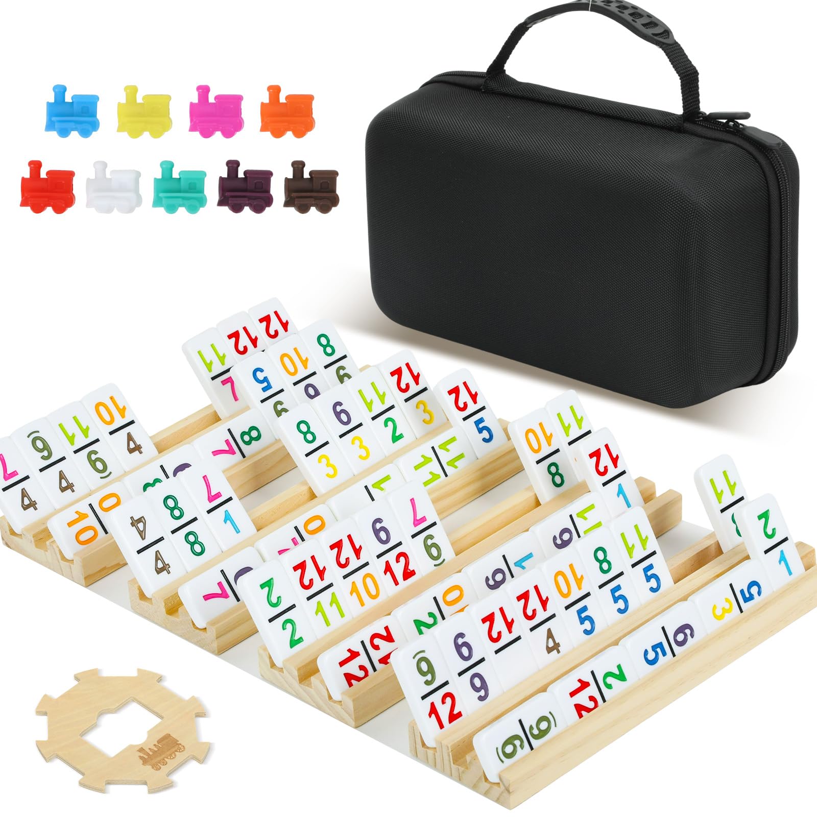 Photo 1 of 4 Player Games, Mexican Train Dominoes Set with Numbers, 4 Wooden Racks, 91 Tiles, Portable Case, D12 Dominos Set for Adults, Board Game for Adults, Easter Basket Stuffers, Easter Gifts for Men Women