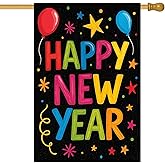 HOMETITUTE Happy New Year House Flag 28x40 Inch Double Sided Garden Flag Colorful Balloons and Stars Design Winter Holiday Yard Banner Large Outdoor Polyester Flag for Porch Lawn Home Decoration