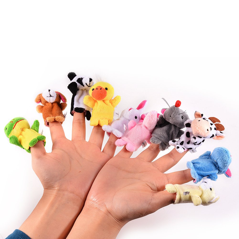 ThinkMax 16 Pack Soft Plush Finger Puppets Set - MANSA 10 Animals + 6 People Family Members Velvet Cute Toys for Children, Story Time, Shows, Playtime, Schools