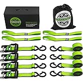 Motorcycle Tie Down Strap (4PK 1.5INX8FT) - 5,250lb Break Strength, Premium Ratchet Tie Down Straps Set, Soft Loop Ratchet Straps for Moving Appliances, Lawn Equipment, Cargo Straps for Trucks