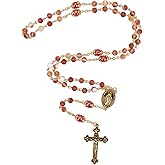 Nazareth Store Catholic Rosary Necklace Matte Stone Beads Green Pearl Round Beads Miraculous Medal & Cross - Velvet Bag
