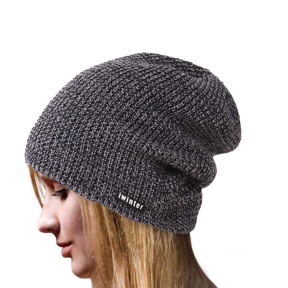 4YOUALL Beanie Hat for Men and Women, Fleece Lined Winter Warm Soft Nap Hats Knit Slouchy Thick Skull Cap (Plain Knit, Black Grey)