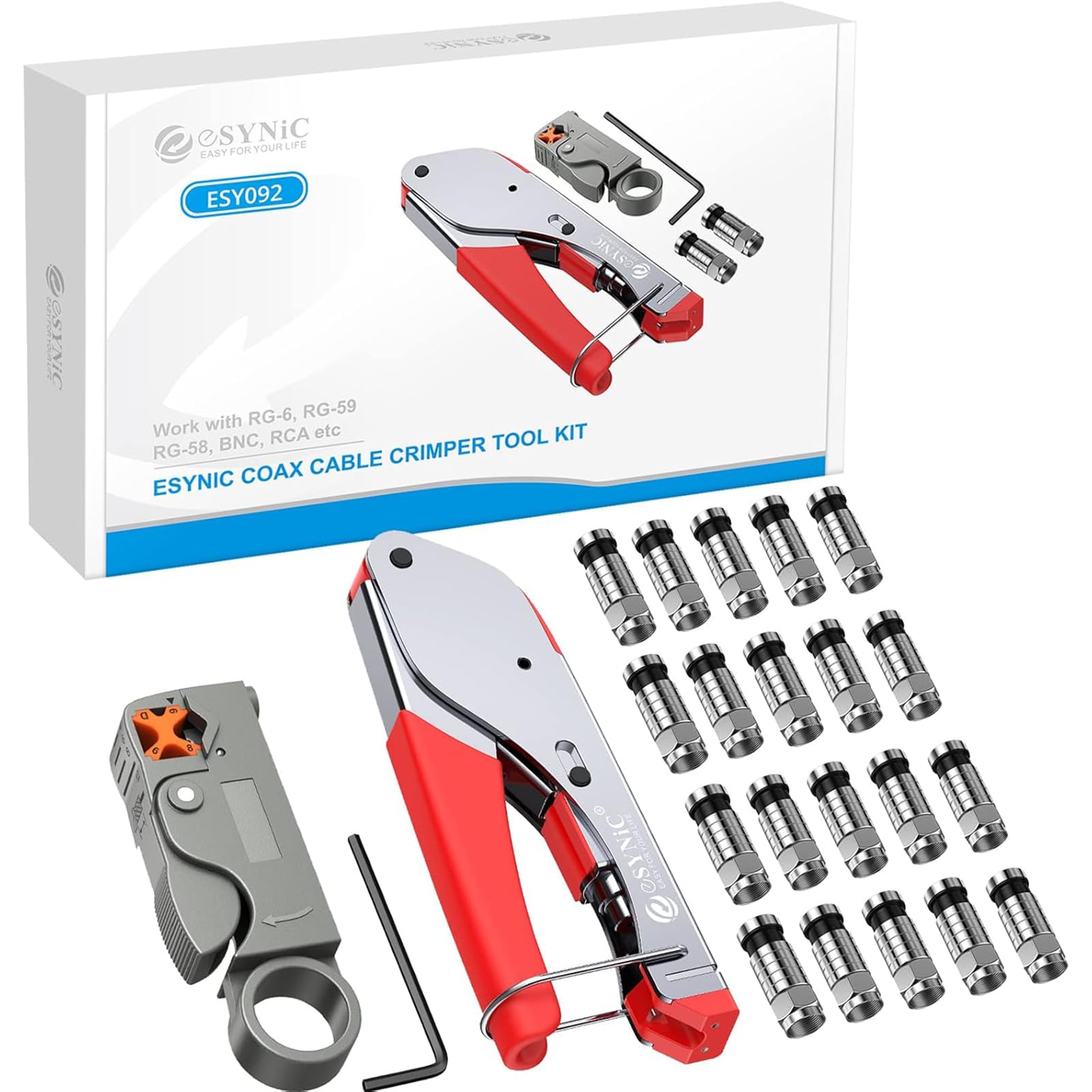 eSynic Professional Coax Crimping Tool F Type Connector Compression Tool Set Coax Cable Crimper Tool Kit for RG6 with 20Pcs RG6 Coaxial Cable Connectors and a Adjustable Rotary Coaxial Cable Cutter — image 1