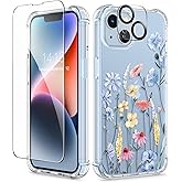 GVIEWIN for iPhone 14 Case Floral, with Screen Protector & Camera Lens Protector,[Non Yellowing] Soft Shockproof Clear Phone Protective Cover for Women, Flower Pattern Design 6.1"(Aconite/Light Blue)