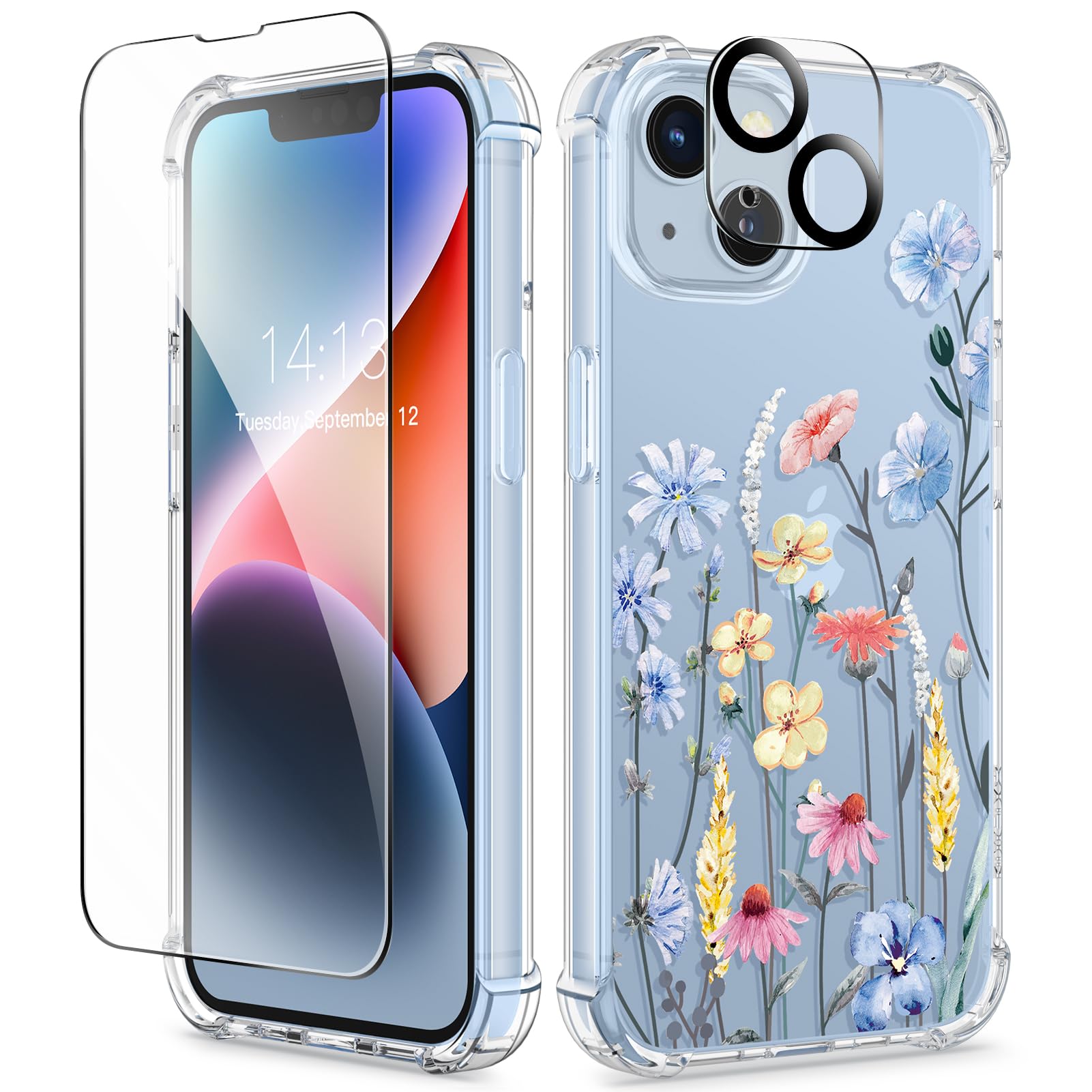 GVIEWIN Compatible with iPhone 14 Case 6.1 Inch 2022, with Tempered Glass Screen Protector+Camera Lens Protector, Flower Clear TPU Slim Bumper Shockproof Protective Cover,Aconite/Light Blue โ image 1